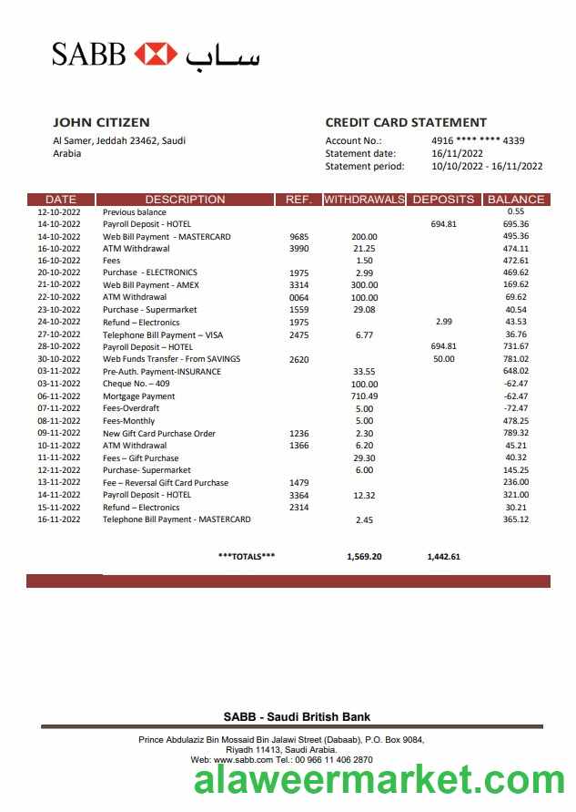 Saudi Arabia SABB bank statement